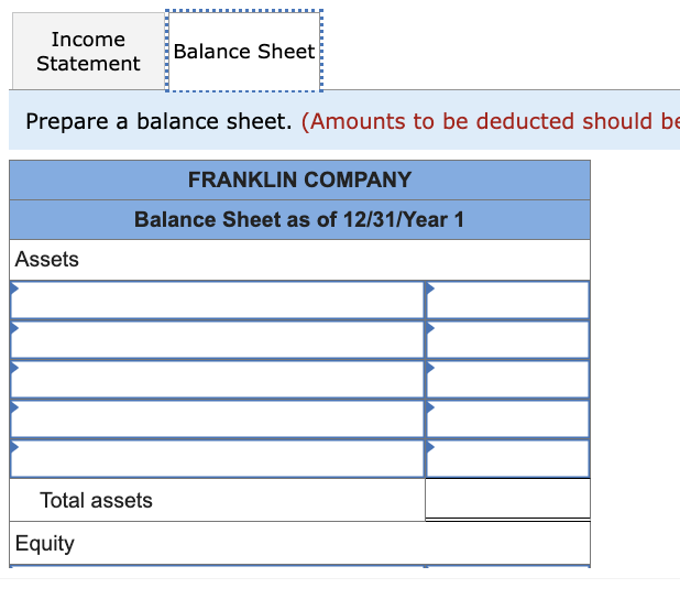 Income
Statement
Prepare a balance sheet. (Amounts to be deducted should be
Assets
Balance Sheet
Total assets
Equity
FRANKLIN COMPANY
Balance Sheet as of 12/31/Year 1