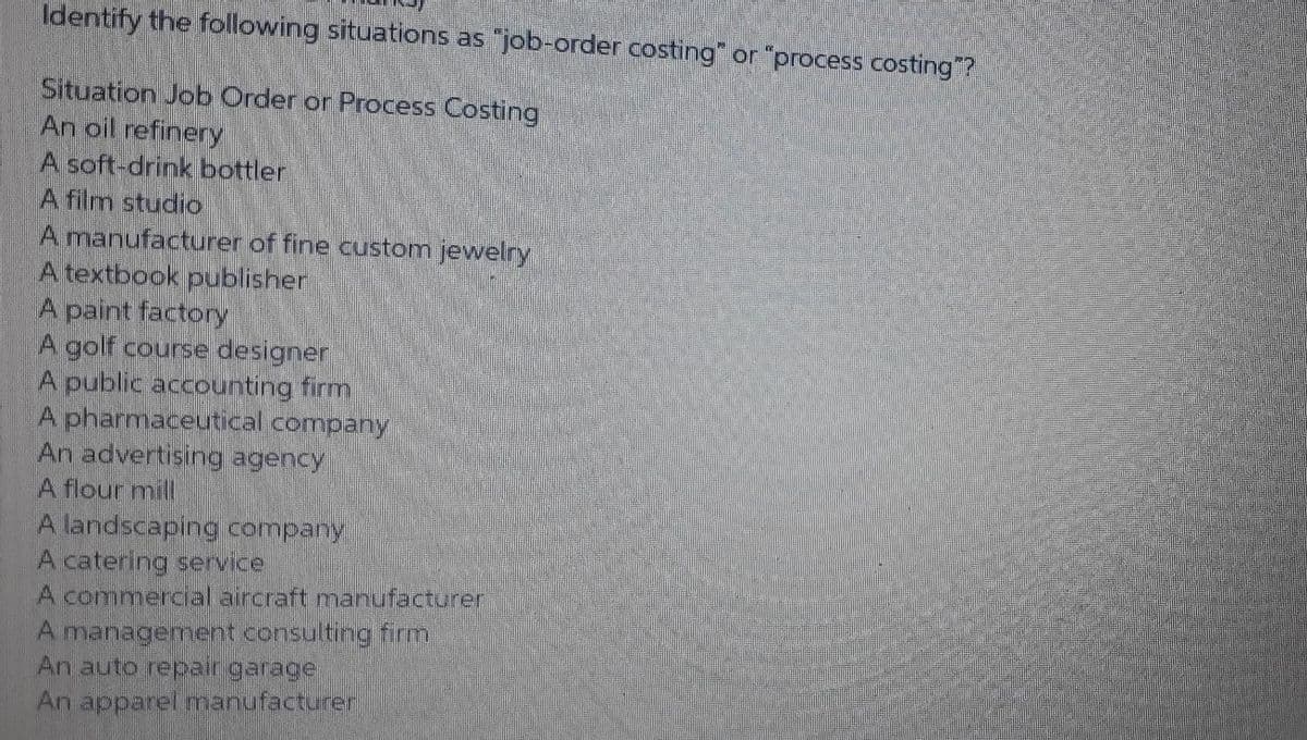 Identify the following situations as "job-order costing" or "process costing ?
Situation Job Order or Process Costing
An oil refinery
A soft-drink bottler
A film studio
A manufacturer of fine custom jewelry
A textbook publisher
A paint factory
A golf course designer
A public accounting firm
A pharmaceutical company
An advertising agency
A flour mill
A landscaping company
A catering service
A commercial aircraft manufacturer
A management consulting firm
An auto repair garage
An apparel manufacturer
