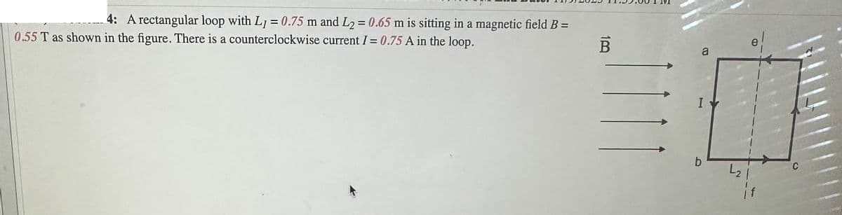 4: A rectangular loop with Ly = 0.75 m and L₂ = 0.65 m is sitting in a magnetic field B =
0.55 T as shown in the figure. There is a counterclockwise current I = 0.75 A in the loop.
13
B
1111
a
I
b
e
L₂|
C