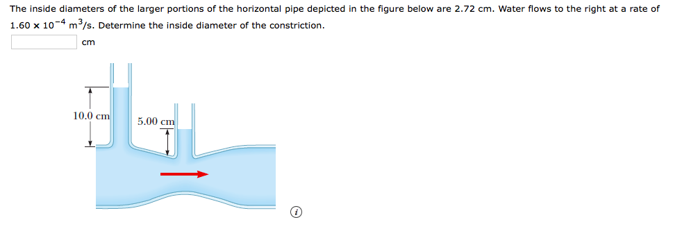 The inside diameters of the larger portions of the horizontal pipe depicted in the figure below are 2.72 cm. Water flows to the right at a rate of
1.60 x 10-4 m/s. Determine the inside diameter of the constriction.
cm
10.0 cm
5.00 cm
