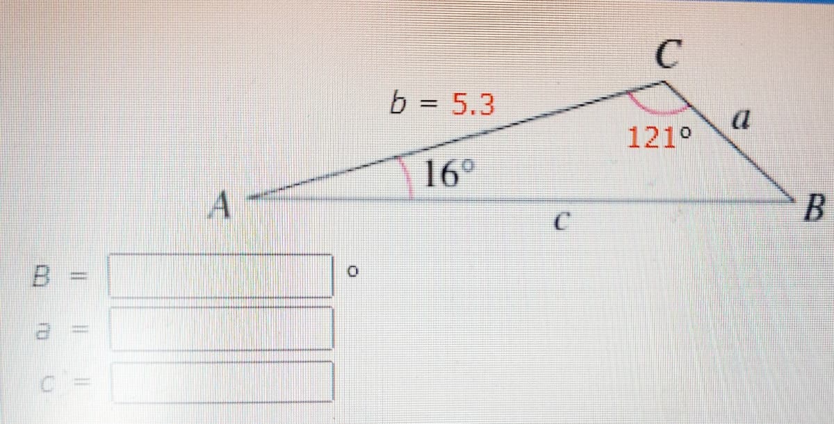 b = 5.3
a
121°
16t°
B
