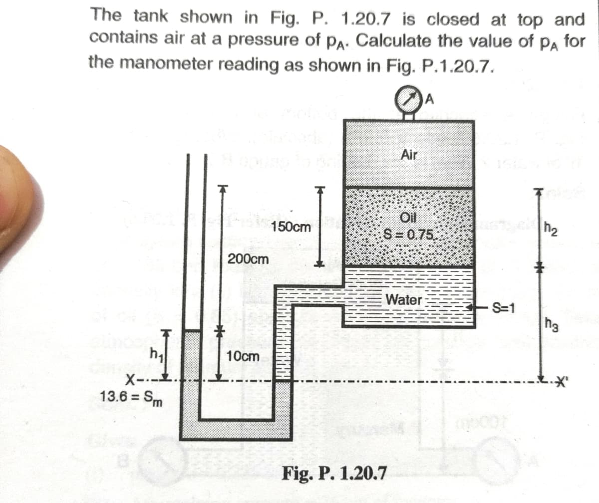 The tank shown in Fig. P. 1.20.7 is closed at top and
contains air at a pressure of Pa: Calculate the value of Pa for
the manometer reading as shown in Fig. P.1.20.7.
Air
Oil
150cm
S=0.75.
h2
200cm
Water
S-1
h3
10cm
X--
13.6 = Sm
%3D
Fig. P. 1.20.7
