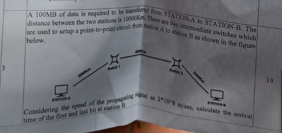 3
A 100MB of data is required to be transferred from STATION-A to STATION-B. The
are used to setup a point-to-point circuit from station A to station B as shown in the figure
distance between the two stations is 10000Km. There are two intermediate switches which
below.
3000Km
Switch 1
A
Switch 2
STATION-A
Considering the speed of the propagating a
time of the first and last bit at station B.
3000K
STATION-
signal as 2*10^8 m/sec, calculate the arrival
10