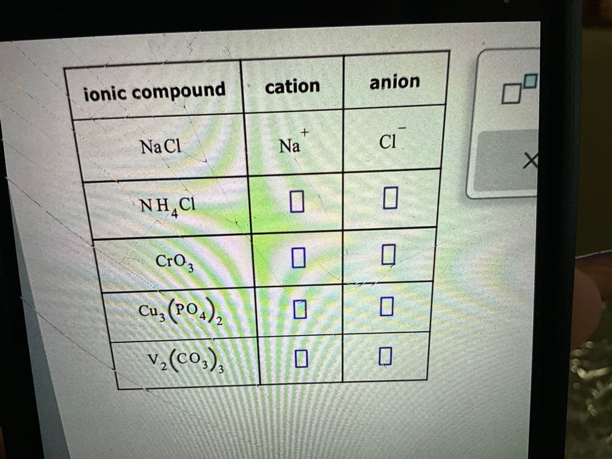 ionic compound
cation
anion
+
Na Cl
Na
Cl
NH C
☐
☐
4
CrO 3
Cu₂ (PO4)
☐
☐
☐
V2(CO3)3
☐
☐