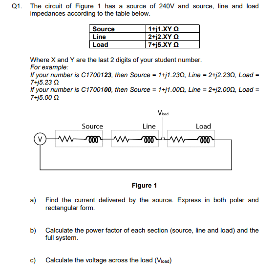 Q1. The circuit of Figure 1 has a source of 240V and source, line and load
impedances according to the table below.
Source
Line
_1+j1.ΧΥ Ω
_ 2+j2.XY Ω
7+j5.XYQ
Load
Where X and Y are the last 2 digits of your student number.
For example:
If your number is C1700123, then Source = 1+j1.230, Line = 2+j2.230, Load =
7+j5.23 Q
If your number is C1700100, then Source = 1+j1.000, Line = 2+j2.000, Load =
7+j5.00 Ω
Vload
Source
Line
Load
voo
voo
voo
Figure 1
a)
Find the current delivered by the source. Express in both polar and
rectangular form.
b) Calculate the power factor of each section (source, line and load) and the
full system.
c) Calculate the voltage across the load (Vload)