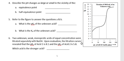 4. Describe the pH changes as large or small in the vicinity of the:
Titration of 10 ml. of an
a. equivalence point
pll
b. half-equivalence point
5. Refer to the figure to answer the questions a & b.
a. What is the pk, of the unknown acid?
b. What is the K, of the unknown acid?
6. Two unknown, weak, monoprotic acids of equal concentration were
titrated separately with NaOH. Upon evaluation, the titration curves
revealed that the pk, of Acid 1 is 8.1 and the pk, of Acid 2 is 5.8.
• s0 100 150
200
al. ef00M NuOl added
Which acid is the stronger acid?
