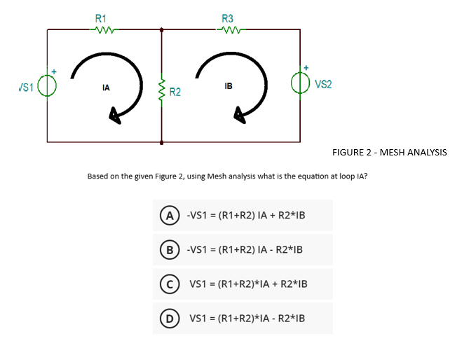 √S1
R1
IA
R2
R3
IB
A -VS1 = (R1+R2) IA + R2*IB
D
Based on the given Figure 2, using Mesh analysis what is the equation at loop IA?
B) -VS1 = (R1+R2) IA - R2*IB
VS1 = (R1+R2)*IA + R2*IB
VS2
VS1 = (R1+R2)*IA - R2*IB
FIGURE 2 - MESH ANALYSIS