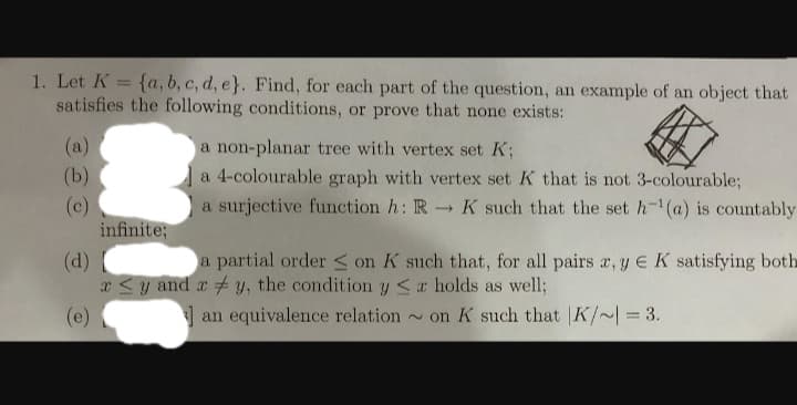 1. Let K = {a, b, c, d, e}. Find, for each part of the question, an example of an object that
satisfies the following conditions, or prove that none exists:
(a)
(b)
(c)
(d)
a partial order on K such that, for all pairs x, y E K satisfying both
x≤y and xy, the condition y <a holds as well;
an equivalence relation ~on K such that |K/~= 3.
(e)
infinite;
a non-planar tree with vertex set K;
a 4-colourable graph with vertex set K that is not 3-colourable;
a surjective function h: RK such that the set h-¹(a) is countably