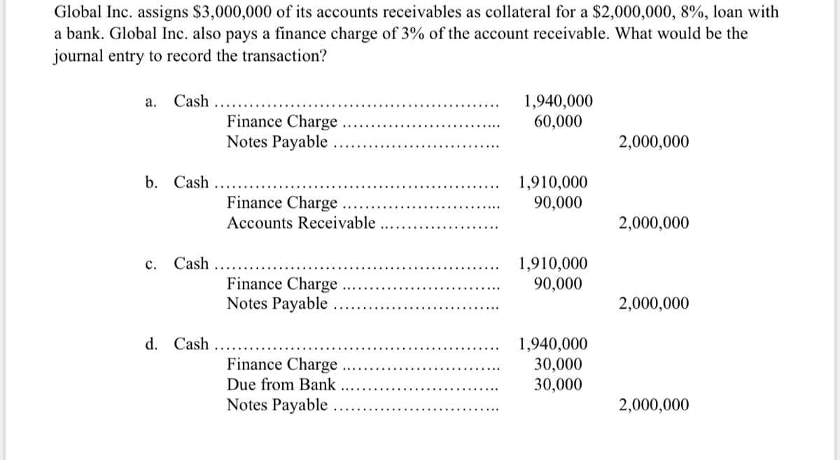 Global Inc. assigns $3,000,000 of its accounts receivables as collateral for a $2,000,000, 8%, loan with
a bank. Global Inc. also pays a finance charge of 3% of the account receivable. What would be the
journal entry to record the transaction?
1,940,000
60,000
а.
Cash
Finance Charge
Notes Payable
2,000,000
b. Cash
1,910,000
90,000
Finance Charge
Accounts Receivable
2,000,000
с. Cash
1,910,000
90,000
Finance Charge
Notes Payable
2,000,000
d. Cash
1,940,000
30,000
30,000
Finance Charge
Due from Bank
Notes Payable
2,000,000
