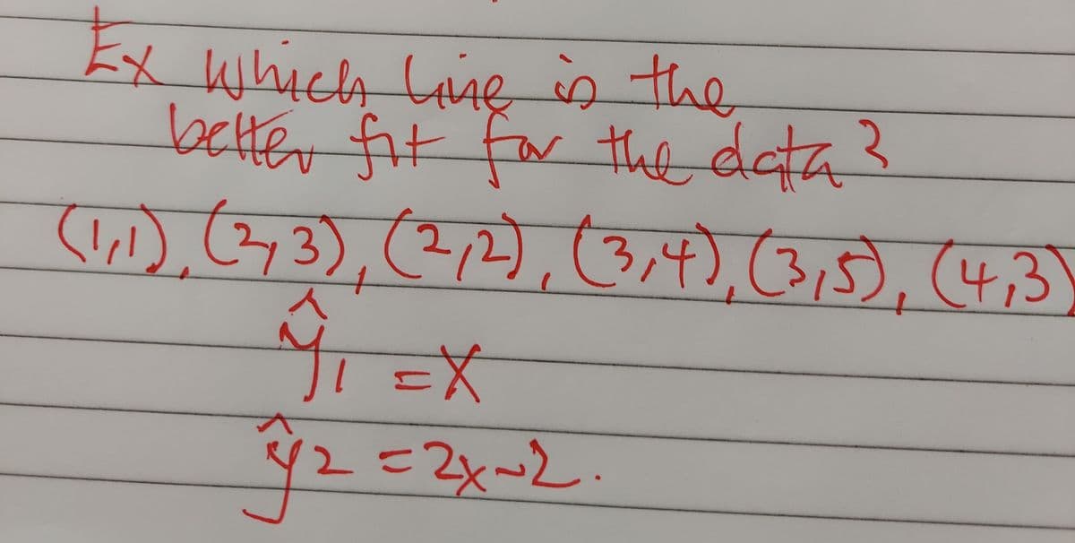 Ex which line is the
better fit for the data 3
(1,1), (2, 3), (2,2), (3,4), (3,5), (4,3)
1=X
3/²=2x~2.