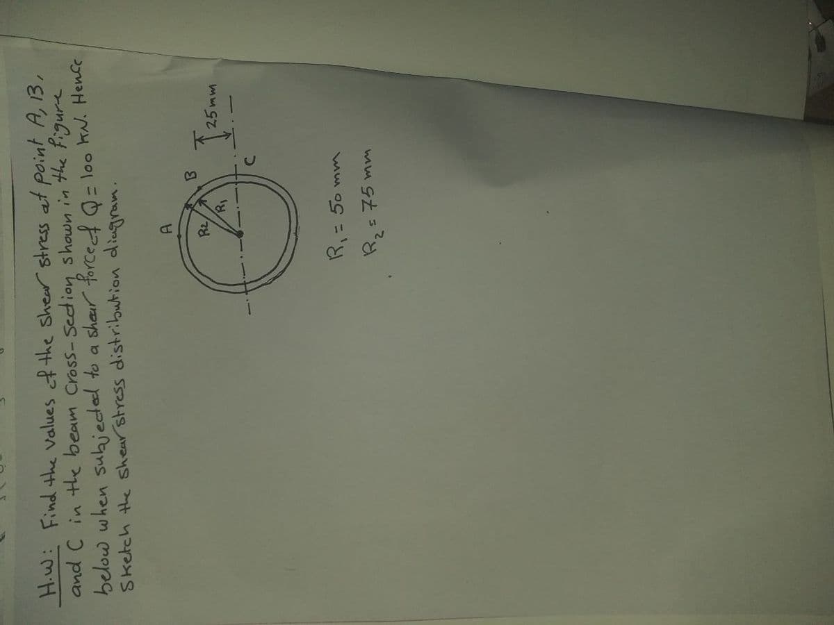 H.W: Find the values f the shear stress at point A, 13,
and C in the beam Cross-Setion shown in the Figure
below when subjeded to a shaur forced 0= loo kw. Hence
Sketch the shear stress distribution diagram.
A.
Rz
25 mm
R, = 50 mm
%3D
R,= 75 mm
2,
