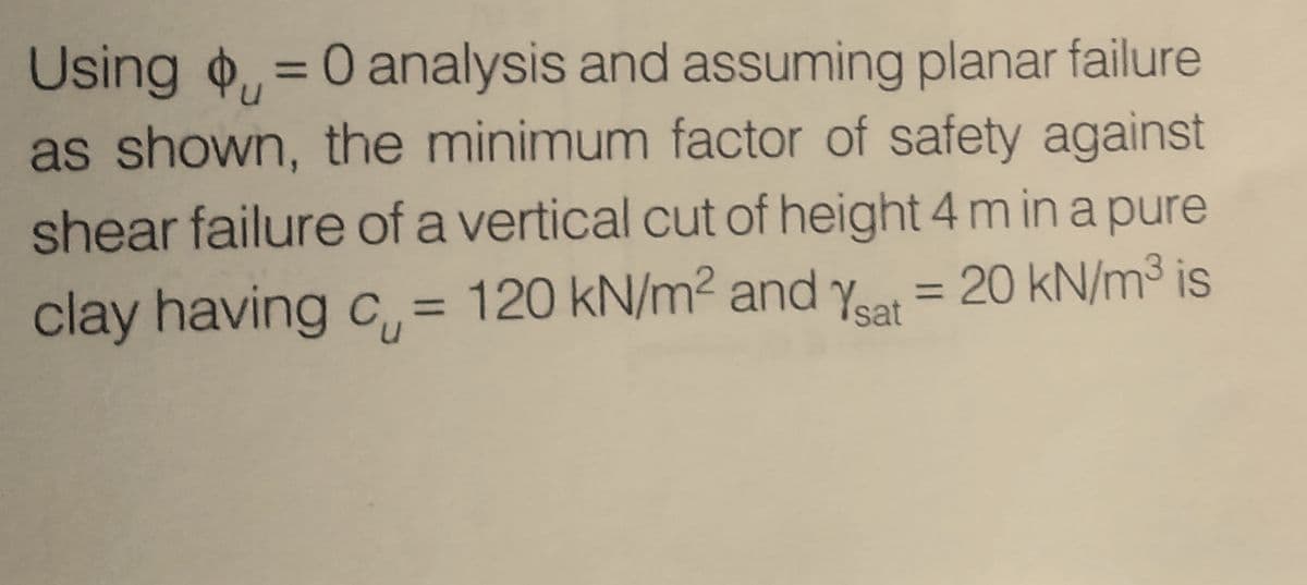 Using = 0 analysis and assuming planar failure
as shown, the minimum factor of safety against
shear failure of a vertical cut of height 4 m in a pure
clay having c = 120 kN/m² and Yat = 20 kN/m³ is