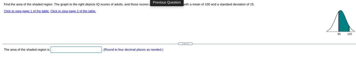 Previous Question
Find the area of the shaded region. The graph to the right depicts IQ scores of adults, and those scores
with a mean of 100 and a standard deviation of 15.
Click to view page 1 of the table, Click to view page 2 of the table.
95
125
The area of the shaded region is
(Round to four decimal places as needed.)
