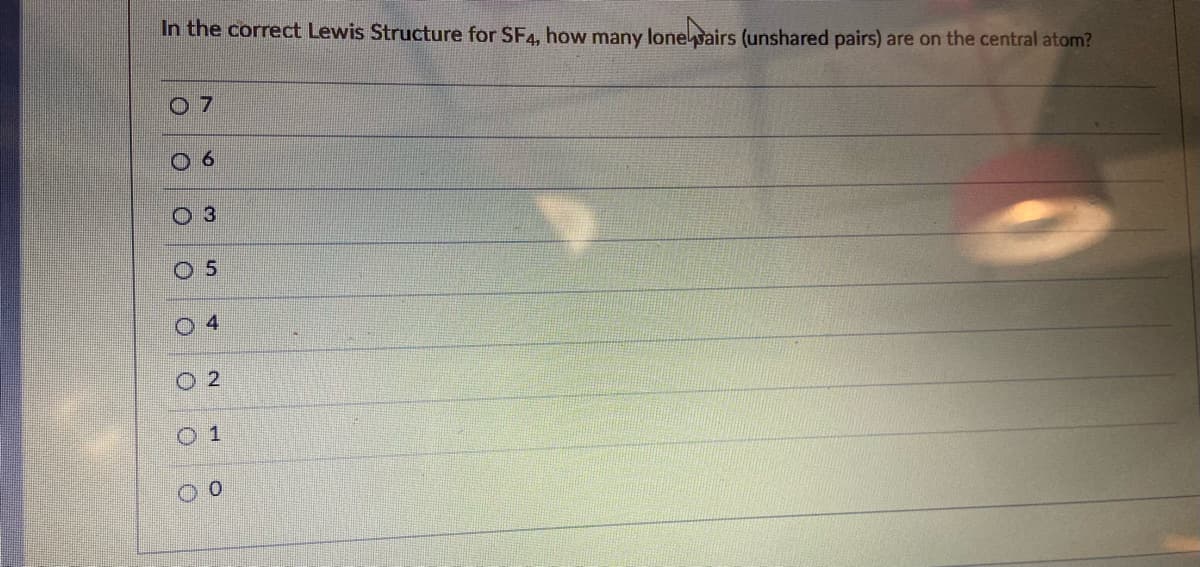 In the correct Lewis Structure for SF4, how many lonelsairs (unshared pairs) are on the central atom?
07
6.
O 3
O 5
O2
O 1
