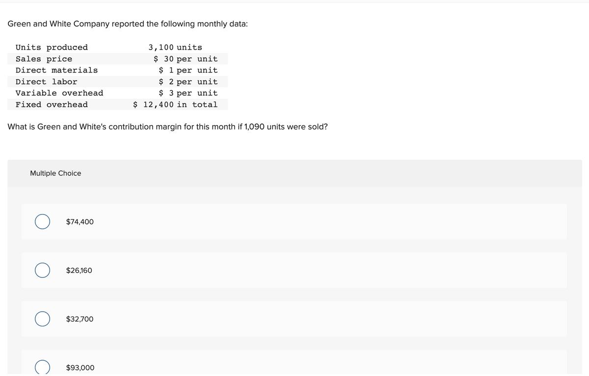 Green and White Company reported the following monthly data:
Units produced
Sales price
Direct materials
Direct labor
Variable overhead
Fixed overhead
What is Green and White's contribution margin for this month if 1,090 units were sold?
Multiple Choice
O
$74,400
$26,160
$32,700
3,100 units
$ 30 per unit
$ 1 per unit
$ 2 per unit
$ 3 per unit
$ 12,400 in total
$93,000