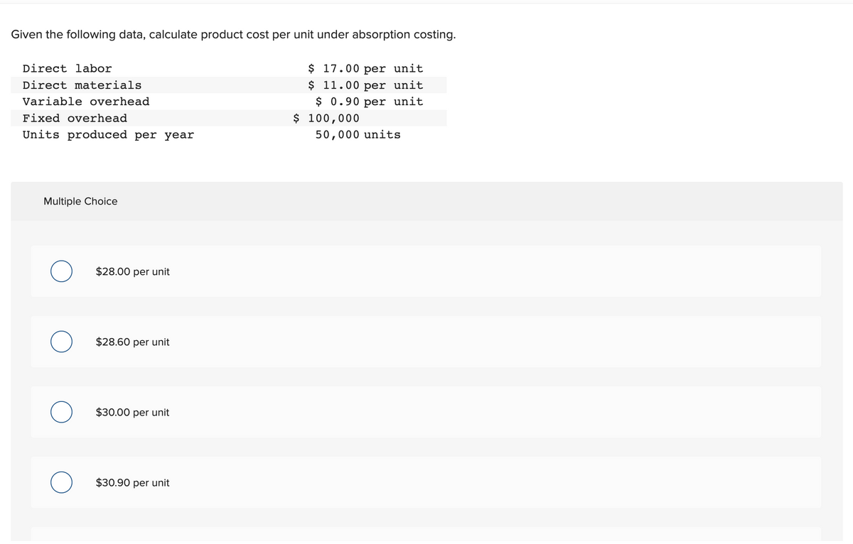 Given the following data, calculate product cost per unit under absorption costing.
Direct labor
Direct materials
Variable overhead
Fixed overhead
Units produced per year
Multiple Choice
$28.00 per unit
$28.60 per unit
$30.00 per unit
$30.90 per unit
$ 17.00 per unit
$ 11.00 per unit
$ 0.90 per unit
$ 100,000
50,000 units