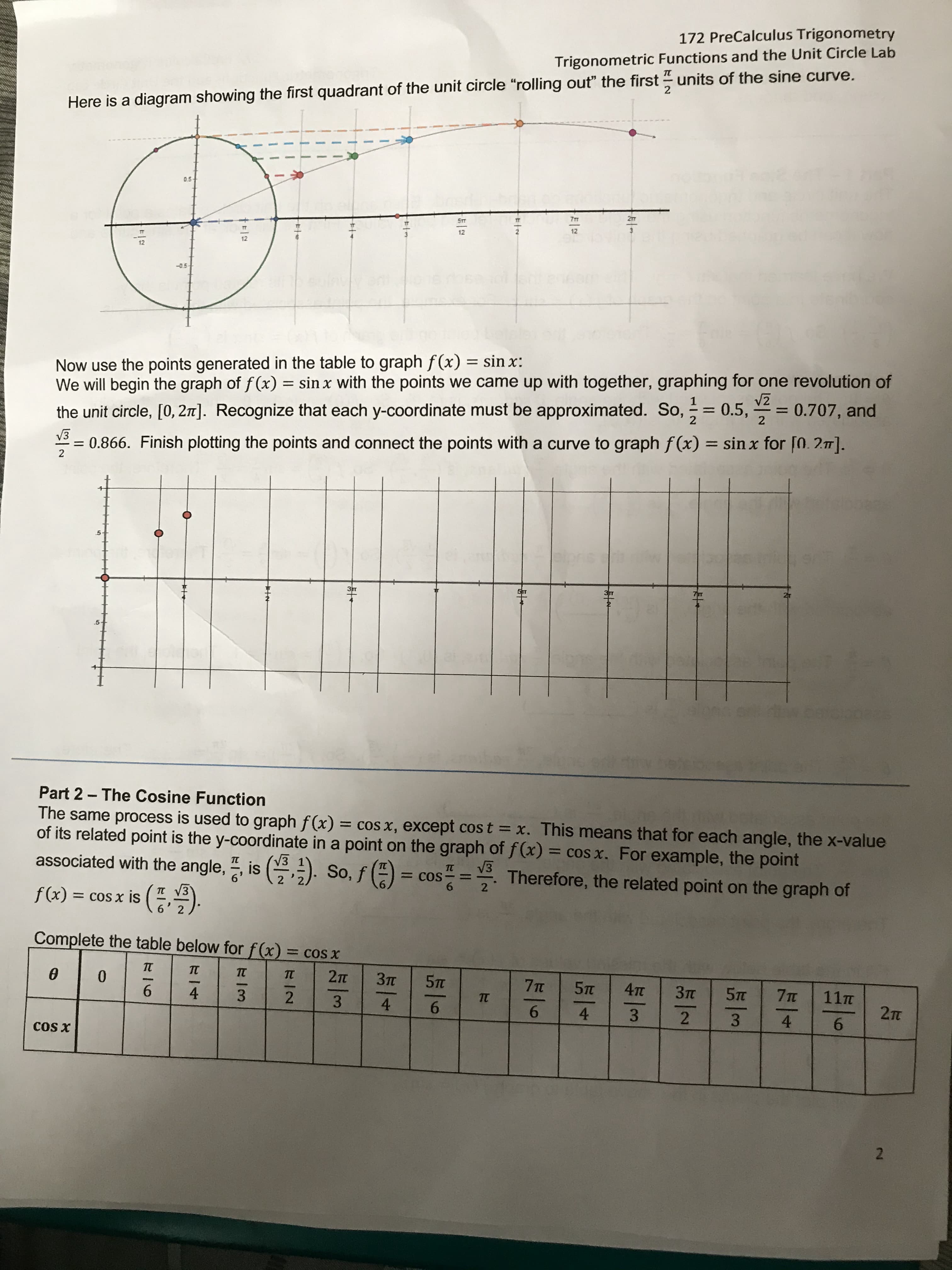 Now use the points generated in the table to graph f(x) = sin x:
We will begin the graph of f (x) = sin x with the points we came up with together, graphing for one revolution of
the unit circle, [0, 2n]. Recognize that each y-coordinate must be approximated. So, = 0.5,
1
%3D
= 0.707, and
%3D
2
V3
* = 0.866. Finish plotting the points and connect the points with a curve to graph f(x) = sin x for [0. 2].
%3D
2
