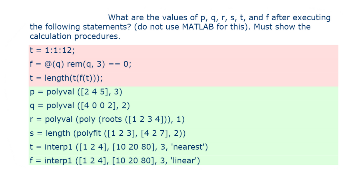 What are the values of p, q, r, s, t, and f after executing
the following statements? (do not use MATLAB for this). Must show the
calculation procedures.
t = 1:1:12;
f = @(q) rem(q, 3)
t = length(t(f(t)));
p = polyval ([2 4 5], 3)
polyval ([4 0 0 2], 2)
r= polyval (poly (roots ([1 2 3 4])), 1)
S = = length (polyfit ([1 2 3], [4 2 7], 2))
t = interp1 ([1 2 4], [10 20 80], 3, 'nearest')
f = interp1 ([1 2 4], [10 20 80], 3, 'linear')
U
=
==
0;