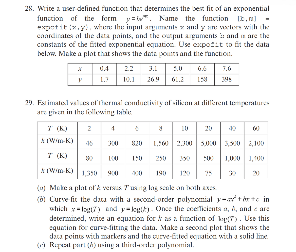 28. Write a user-defined function that determines the best fit of an exponential
function of the form y=be. Name
Name the function [b, m]
expofit (x, y), where the input arguments x and y are vectors with the
coordinates of the data points, and the output arguments b and m are the
constants of the fitted exponential equation. Use expofit to fit the data
below. Make a plot that shows the data points and the function.
X
T (K)
k (W/m-K)
T (K)
k (W/m-K)
y
2
46
0.4
1.7
29. Estimated values of thermal conductivity of silicon at different temperatures
are given in the following table.
80
4
2.2
10.1
6
100
7.6
3.1
5.0 6.6
26.9 61.2 158 398
8
150
10
300 820 1,560 2,300 5,000
20
250 350
40
3,500
500 1,000
1,350 900
400 190 120
75
30
(a) Make a plot of k versus T using log scale on both axes.
(b) Curve-fit the data with a second-order polynomial y = ax² +bx+c in
which x=log(T) and y=log(k). Once the coefficients a, b, and c are
determined, write an equation for k as a function of log(T). Use this
equation for curve-fitting the data. Make a second plot that shows the
data points with markers and the curve-fitted equation with a solid line.
(c) Repeat part (b) using a third-order polynomial.
60
2,100
=
1,400
20