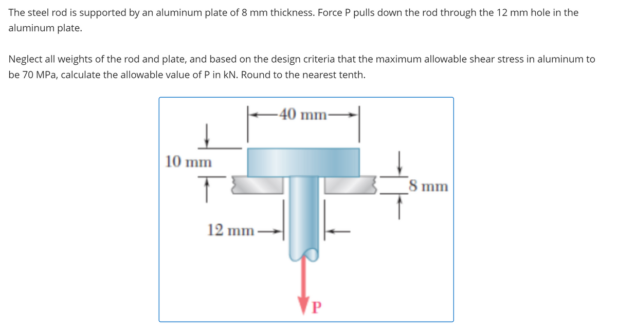 The steel rod is supported by an aluminum plate of 8 mm thickness. Force P pulls down the rod through the 12 mm hole in the
aluminum plate.
Neglect all weights of the rod and plate, and based on the design criteria that the maximum allowable shear stress in aluminum to
be 70 MPa, calculate the allowable value of P in kN. Round to the nearest tenth.
10 mm
T
12 mm -
-40 mm-
P
8 mm