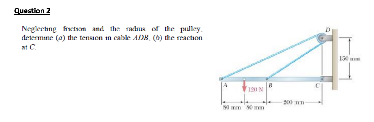 Question 2
Neglecting friction and the radius of the pulley,
determine (a) the tension in cable ADB, (b) the reaction
at C.
A
120 N
80 mm 80 mm
B
200 mm-
150 mm