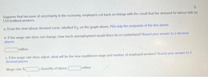 Suppose that because of uncertainty in the economy, employers cut back on hirings with the result that the demand for labour falls by
1.50 (million) workers.
a. Draw the new labour demand curve, labelled D2, on the graph above. Plot only the endpoints of the line above.
b. If the wage rate does not change, how much unemployment would there be in Lumberland? Round your answer to 2 decimal
places.
million
c. If the wage rate does adjust, what will be the new equilibrium wage and number of employed workers? Round your answer to 2
decimal places.
Wage rate: $[
Quantity of labour: [
million