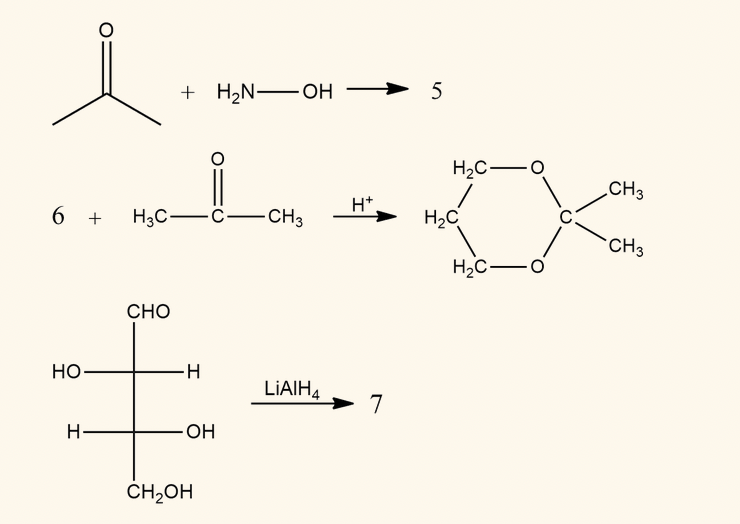 + H2N-OH
5
H2C-O
CH3
H*.
6 +
H3C-C-CH3
H2C
CH3
H2C-o
CHO
Но
-H-
LIAIH4
7
H-
-ОН
CH2OH
