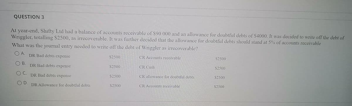 QUESTION 3
At year-end, Shifty Ltd had a balance of accounts receivable of $90 000 and an allowance for doubtful debts of $4000. It was decided to write off the debt of
Wriggler, totalling $2500, as irrecoverable. It was further decided that the allowance for doubtful debts should stand at 5% of accounts receivable
What was the journal entry needed to write off the debt of Wriggler as irrecoverable?
O A.
DR Bad debts expense
S2500
CR Accounts receivable
$2500
B.
DR Bad debts expense
S2500
CR Cash
S2500
OC.
DR Bad debts expense
$2500
CR allowance for doubtlul debts
S2500
D.
DR Allowance for doubuful debts
$2500
CR Accounts receivable
$2500
