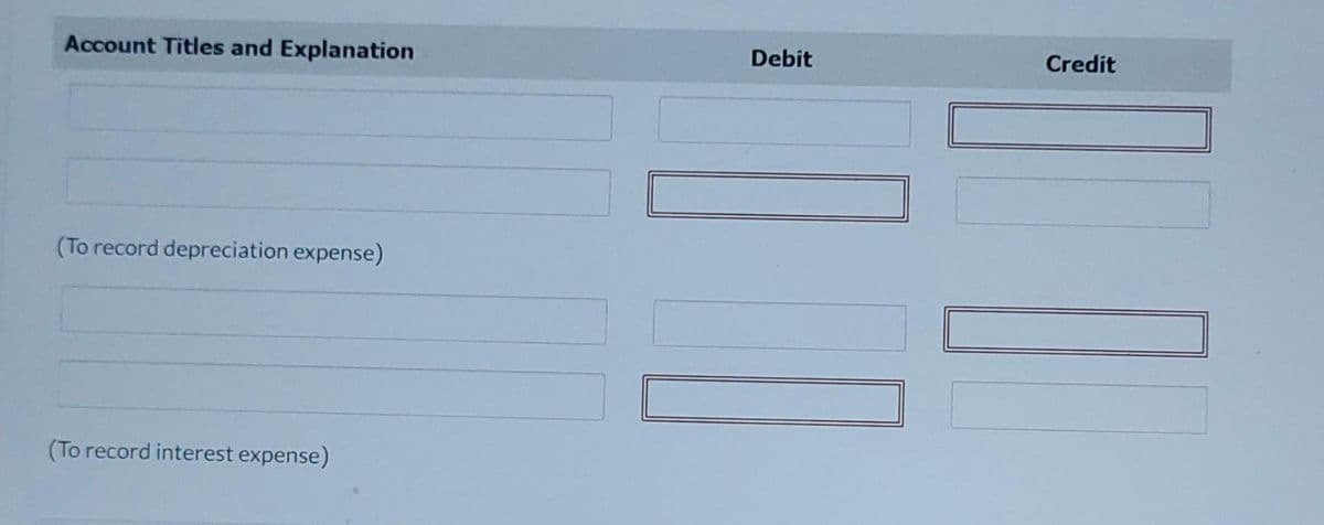 Account Titles and Explanation
(To record depreciation expense)
(To record interest expense)
Debit
Credit