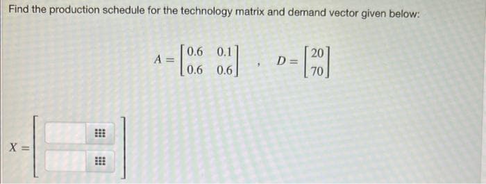 Find the production schedule for the technology matrix and demand vector given below:
X =
#
A =
0.6 0.1
[006]
0.6 0.6
"
D=
[20]
70