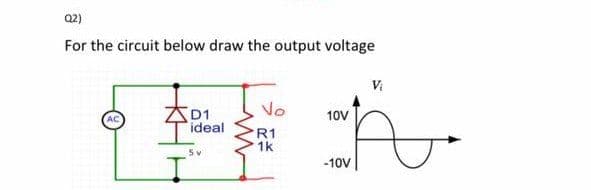 Q2)
For the circuit below draw the output voltage
V
No
D1
ideal
10V
R1
1k
-10V
