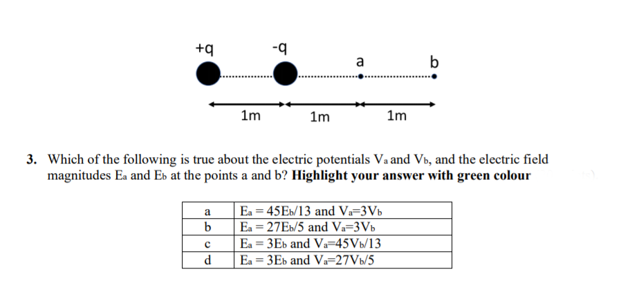 +q
-q
a
b
1m
1m
1m
3. Which of the following is true about the electric potentials Va and Vb, and the electric field
magnitudes Ea and Eb at the points a and b? Highlight your answer with green colour
Ea = 45E6/13 and Va=3Vb
Ea = 27E6/5 and Va=3Vb
a
b
Ea 3D ЗЕь and V-45Vы/13
d
Ea = 3Eb and Va=27V6/5
%3D
