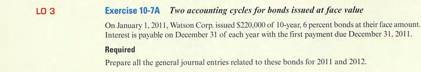 LO 3
Exercise 10-7A Two accounting cycles for bonds issued at face value
On January 1, 2011, Watson Corp. issued $220,000 of 10-year, 6 percent bonds at their face amount.
Interest is payable on December 31 of each year with the first payment due December 31, 2011.
Required
Prepare all the general journal entries related to these bonds for 2011 and 2012.