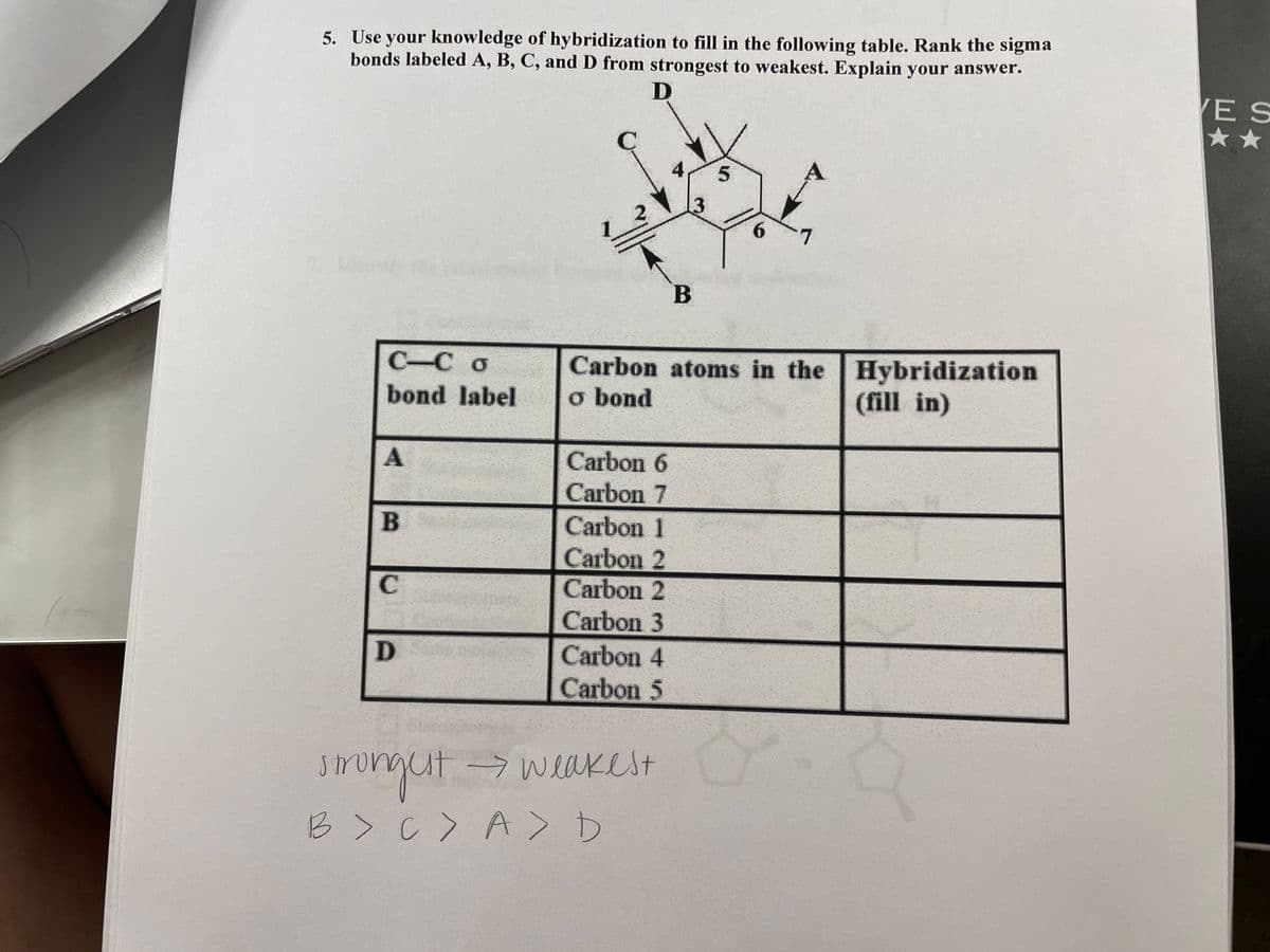 5. Use your knowledge of hybridization to fill in the following table. Rank the sigma
bonds labeled A, B, C, and D from strongest to weakest. Explain your answer.
VE S
**
12
6.
7.
C-Co
Carbon atoms in the Hybridization
o bond
bond label
(fill in)
Carbon 6
Carbon 7
Carbon 1
Carbon 2
Carbon 2
Carbon 3
C.
Carbon 4
Carbon 5
-→ weakest
srongut
B > c> A> D
