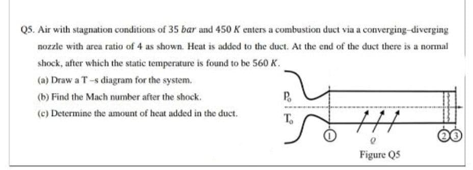 Q5. Air with stagnation conditions of 35 bar and 450 K enters a combustion duct via a converging-diverging
nozzle with area ratio of 4 as shown. Heat is added to the duct. At the end of the duct there is a normal
shock, after which the static temperature is found to be 560 K.
(a) Draw a T-s diagram for the system.
(b) Find the Mach number after the shock.
P.
(c) Determine the amount of heat added in the duct.
T.
Figure Q5
