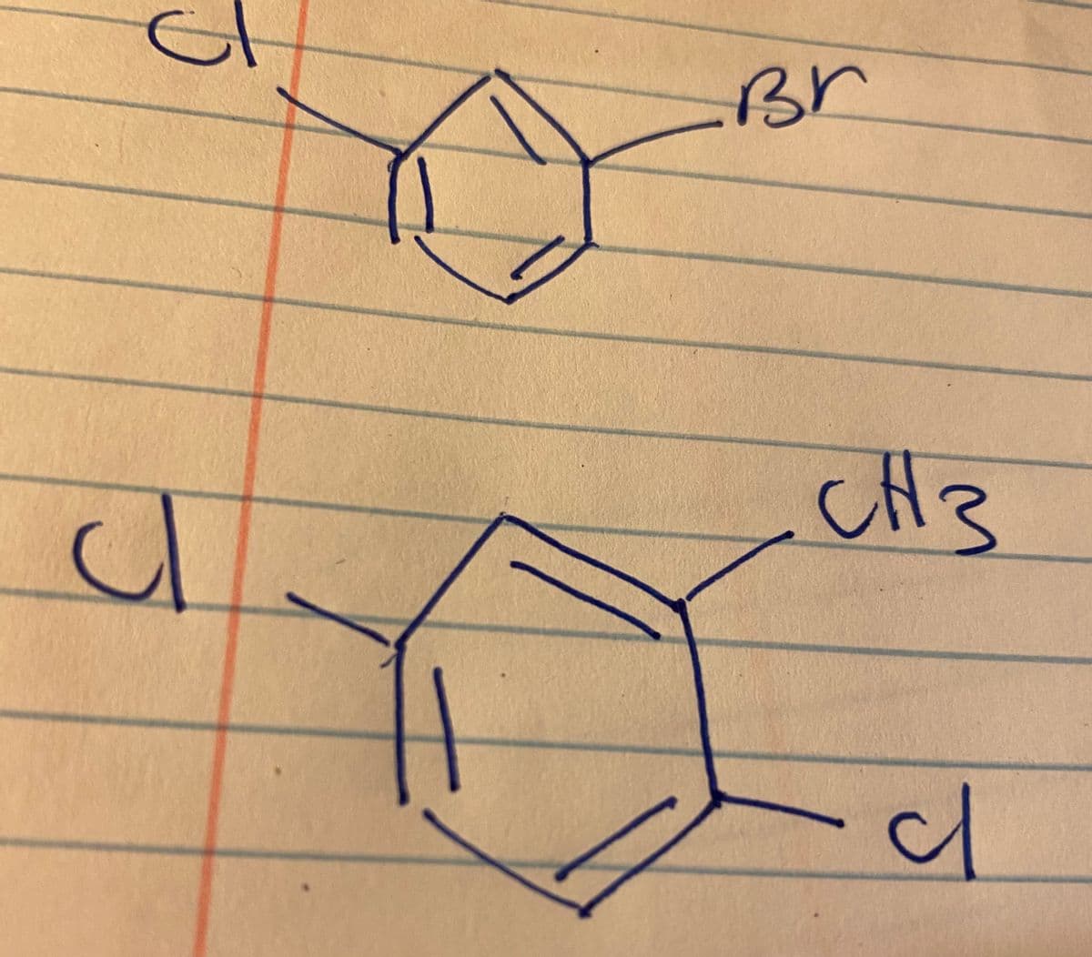 ### Chemical Structures of Substituted Benzene Rings

**Figure 1: Dichlorobromobenzene and Dichloromethylbenzene Molecules**

The image contains hand-drawn chemical structures of two benzene ring derivatives. Each structure has substituents attached to the benzene ring. 

#### Structure 1: Dichlorobromobenzene
- **Description**: This structure is a benzene ring with three substituents. 
  - One chlorine atom (Cl) is attached to the first carbon.
  - Another chlorine atom (Cl) is attached to the second carbon.
  - A bromine atom (Br) is attached to the fourth carbon.
- **Diagram**:
```
    Cl
     |
     C
   /   \
  C     C
  ||    |
  C     C
   \   /
     C
     |
    Br
```

#### Structure 2: Dichloromethylbenzene
- **Description**: This structure is a benzene ring with the following substituents:
  - One chlorine atom (Cl) is attached to the first carbon.
  - A methyl group (CH₃) is attached to the second carbon.
  - Another chlorine atom (Cl) is attached to the fourth carbon.
- **Diagram**:
```
   Cl
    |
    C
  /   \
 C     C
 ||    |
 C     C
  \   /
    C
    |
   CH₃
```

### Concepts Covered:
- **Substituted Benzene Rings**: Benzene rings can have various functional groups attached to them, which are called substituents.
- **Nomenclature of Aromatic Compounds**: The position of the substituents on the benzene ring is crucial for naming aromatic compounds. 
- **Visually Representing Molecules**: Hand-drawn diagrams can efficiently convey information about molecular structures, especially organic compounds.

These diagrams are fundamental for understanding organic chemistry, as they provide visual representations of complex molecular structures. The specific arrangement of different substituents around the benzene ring determines the compound's chemical properties and reactivity.