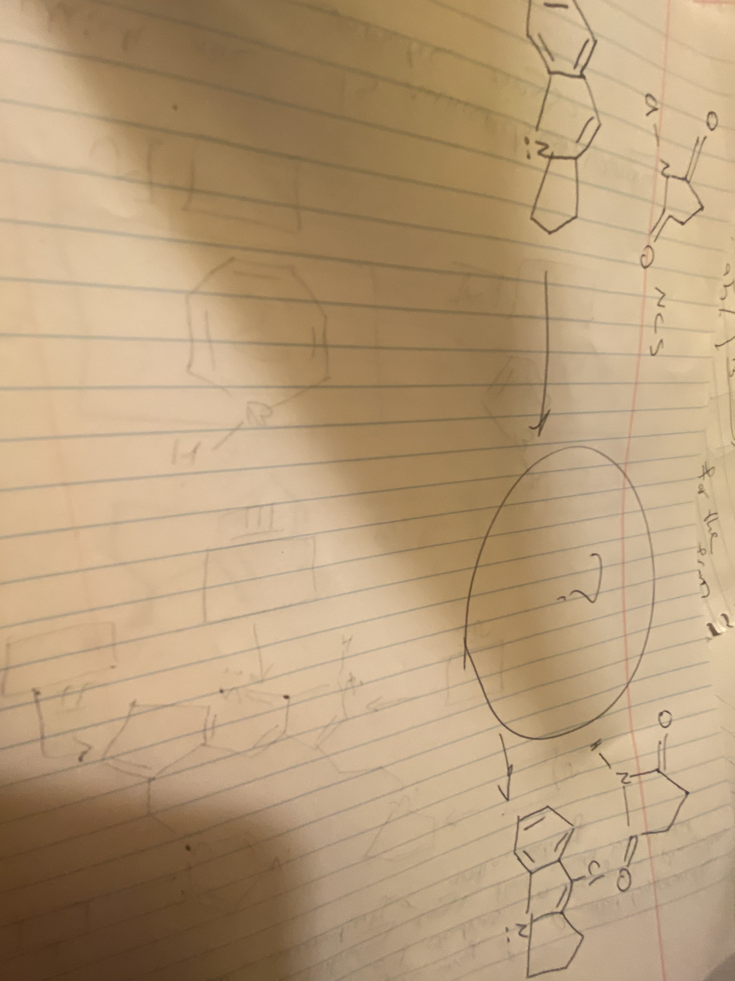 ---

### Organic Chemistry Reaction Sequence

**Figure 1: Step-by-Step Reaction Mechanism**

- **Compound 1:** The structure includes an indole backbone fused with a six-membered ring, linked by double bonds. There's a nitrogen atom present in the six-membered ring.

- **Intermediate Transformation:** 
    * The next step shows an arrow indicating a transformation. The structures are evolving as indicated by the arrows.
  
- **Compound 2:** The transformation involves a cyclization process leading to the formation of a new five-membered ring attached to the indole structure.
  
**Figure 2: Reaction Products**

- **Product 1:**
   * The circled compound (labeled as 2) indicates an intermediate step or significant compound in the reaction pathway.
   
- **Reaction Pathway:**
   * Additional arrows and intermediate compounds illustrate the pathway leading to the final product.
   * The arrow points to a compound with a ketone group (C=O) linked to the indole structure.
  
- **Final Product:**
   * The final structure depicted includes an indole core, a fused five-membered ring, and a ketone functional group, suggesting a complex organic synthesis involving multiple steps.
   
**Annotations:**

- **NCS:** Appears as a reagent or reactant in the reaction mechanism.
  
---

This sequence outlines a complex organic chemistry reaction demonstrating the synthesis involving the transformation of an indole structure through various steps, leading to a refined and more complex product. Understanding each step's intermediates and chemical transformations is crucial for grasping the full reaction mechanism.

