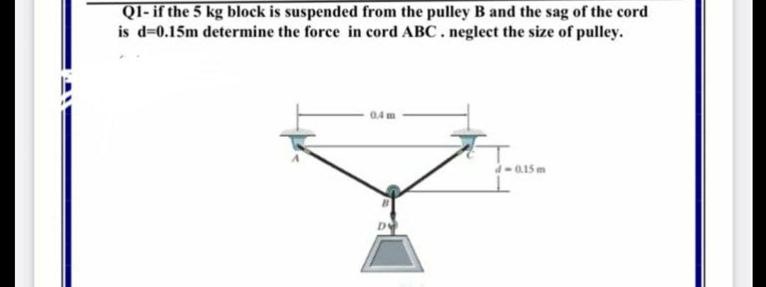 Q1- if the 5 kg block is suspended from the pulley B and the sag of the cord
is d=0.15m determine the force in cord ABC. neglect the size of pulley.
0,4 m
d-0.15 m