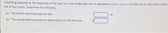 A building acquired at the beginning of the year at a cost of $93,600 has an estimated residual value of $2,800 and an estimated useful
life of four years. Determine the following.
rate
(a) The double-declining-balance
(b) The double-declining-balance depreciation for the first year
%