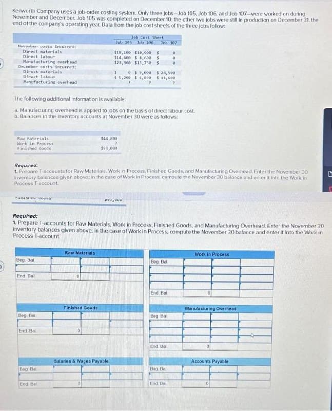 Kenworth Company uses a job-order costing system. Only three jobs-Job 105. Job 106, and Job 107-were worked on during
November and December. Job 105 was completed on December 10: the other two jobs were still in production on December 31, the
end of the company's operating year. Data from the job cost sheets of the three jobs follow:
November costs incurred:
Direct materials
Direct labour
Manufacturing overhead
December costs incurred:
Direct materials
Direct labour
Manufacturing overhead
Raw Materials
Work in Process
Finished Goods
PARASING COURS
The following additional information is available:
a. Manufacturing overhead is applied to jobs on the basis of direct labour cost.
b. Balances in the inventory accounts at November 30 were as follows:
Beg Bal
End Bal
Required:
1. Prepare T-accounts for Raw Materials, Work in Process, Finished Goods, and Manufacturing Overhead. Enter the November 30
Inventory balences given above; in the case of Work in Process, compute the November 30 balance and enter it into the Work in
Process T-account.
Beg Ba
End Bal
Required:
1. Prepare T-accounts for Raw Materials, Work in Process, Finished Goods, and Manufacturing Overhead. Enter the November 30
inventory balances given above; in the case of Work in Process, compute the November 30 balance and enter it into the Work in
Process T-account
Beg Bal
End Bal
Job Cost Sheet
Job 105 Job 106 Job 107
Raw Materials
$18,100 $10,000 $
$14,609 $8,600 $
$23,360 $13,760 $
Finished Goods
$ 0 $9,000 $24,500
$5,200 $6,000 $ 11,600
7
?
$44,808
?
$93,008
Salaries & Wages Payable
Bog Bel
End Bal
0
0
8
Beg Ba
End Bal
Beg Bal
End Bal
Work in Process
Manufacturing Overhead.
Accounts Payable
0