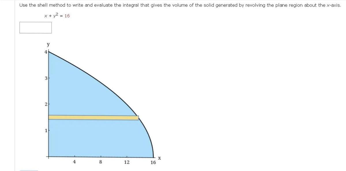 Use the shell method to write and evaluate the integral that gives the volume of the solid generated by revolving the plane region about the x-axis.
x + y² = 16
y
4
2
4
8
12
16
X