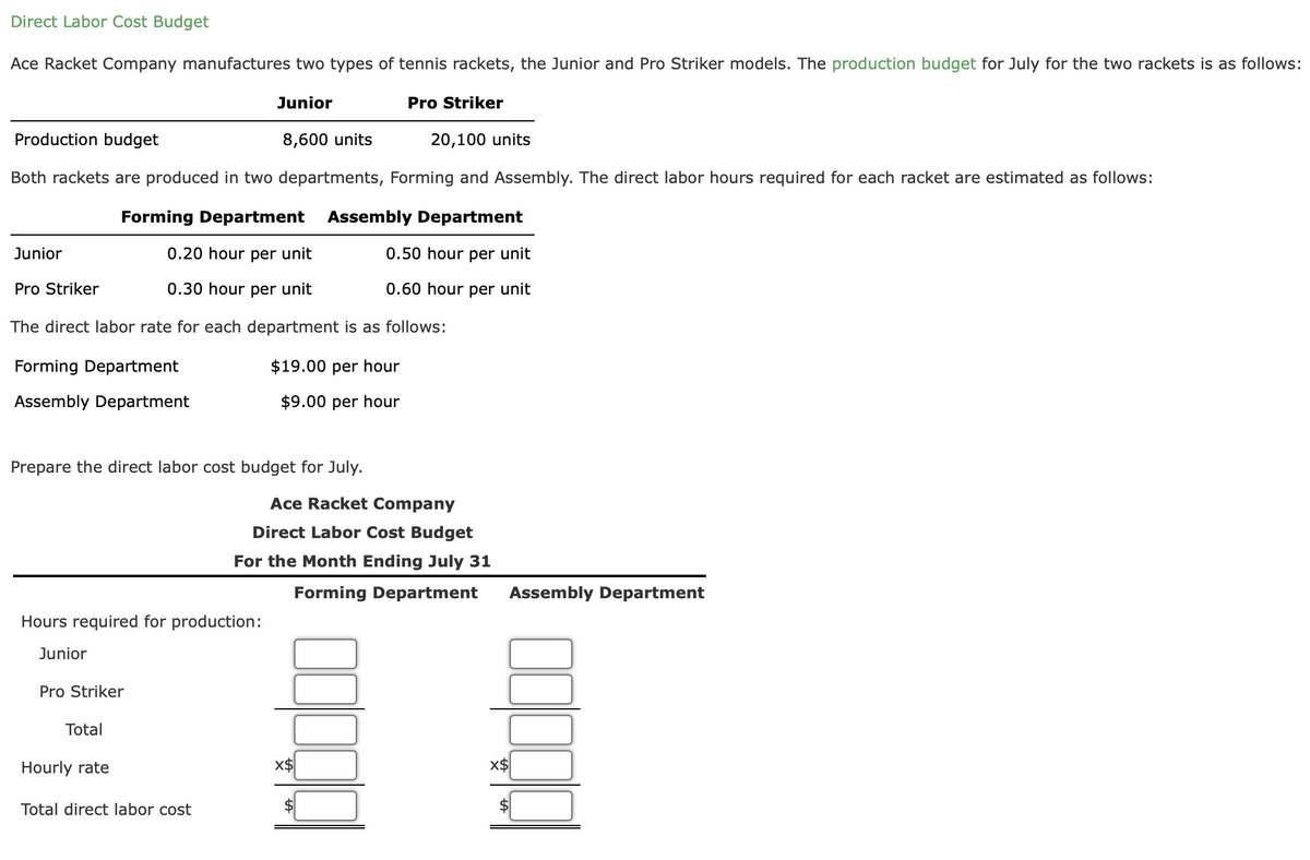 Direct Labor Cost Budget
Ace Racket Company manufactures two types of tennis rackets, the Junior and Pro Striker models. The production budget for July for the two rackets is as follows:
Junior
Pro Striker
Production budget
8,600 units
20,100 units
Both rackets are produced in two departments, Forming and Assembly. The direct labor hours required for each racket are estimated as follows:
Forming Department
Assembly Department
Junior
0.20 hour per unit
0.50 hour per unit
Pro Striker
0.30 hour per unit
0.60 hour per unit
The direct labor rate for each department is as follows:
Forming Department
$19.00 per hour
Assembly Department
$9.00 per hour
Prepare the direct labor cost budget for July.
Ace Racket Company
Direct Labor Cost Budget
For the Month Ending July 31
Forming Department
Assembly Department
Hours required for production:
Junior
Pro Striker
Total
Hourly rate
X$
X$
Total direct labor cost
