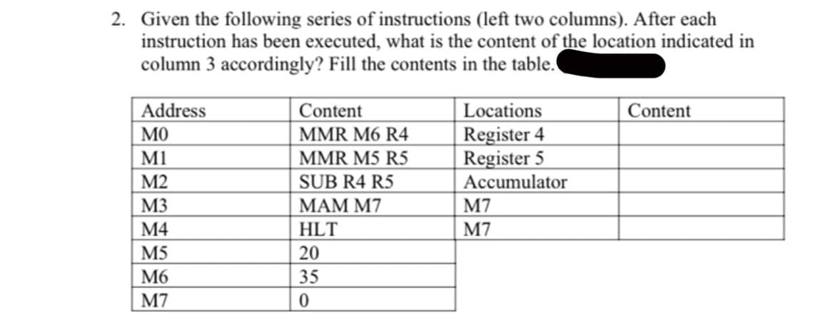 2. Given the following series of instructions (left two columns). After each
instruction has been executed, what is the content of the location indicated in
column 3 accordingly? Fill the contents in the table.
Address
MO
M1
Content
MMR M6 R4
MMR M5 R5
Locations
Register 4
Register 5
Accumulator
M7
Content
M2
SUB R4 R5
M3
МАМ M7
М4
HLT
M7
M5
20
M6
35
M7
