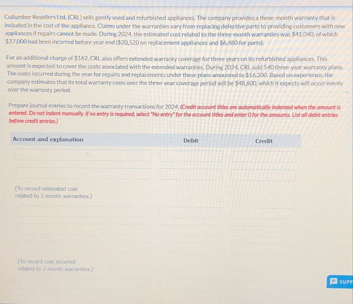 Cullumber Resellers Ltd. (CRL) sells gently used and refurbished appliances. The company provides a three-month warranty that is
included in the cost of the appliance. Claims under the warranties vary from replacing defective parts to providing customers with new
appliances if repairs cannot be made. During 2024, the estimated cost related to the three-month warranties was $41,040, of which
$27,000 had been incurred before year end ($20,520 on replacement appliances and $6,480 for parts).
For an additional charge of $162, CRL also offers extended warranty coverage for three years on its refurbished appliances. This
amount is expected to cover the costs associated with the extended warranties. During 2024, CRL sold 540 three-year warranty plans.
The costs incurred during the year for repairs and replacements under these plans amounted to $16,200. Based on experience, the
company estimates that its total warranty costs over the three-year coverage period will be $48,600, which it expects will occur evenly
over the warranty period.
Prepare journal entries to record the warranty transactions for 2024. (Credit account titles are automatically indented when the amount is
entered. Do not indent manually. If no entry is required, select "No entry" for the account titles and enter O for the amounts. List all debit entries
before credit entries.)
Account and explanation
Debit
Credit
(To record estimated cost
related to 3 month warranties.)
(To record cost incurred
related to 3 month warranties.)
SUPP