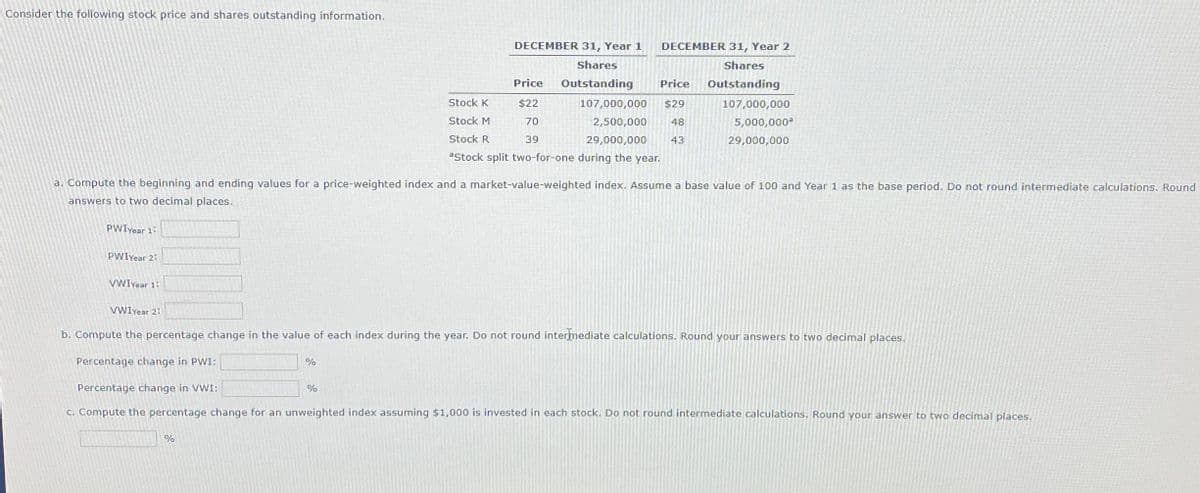 Consider the following stock price and shares outstanding information.
PWIyear 1:
PWIYear 2:
a. Compute the beginning and ending values for a price-weighted index and a market-value-weighted index. Assume a base value of 100 and Year 1 as the base period. Do not round intermediate calculations. Round
answers to two decimal places.
VWIyear 1:
VWIYear 2:
DECEMBER 31, Year 2
Shares
DECEMBER 31, Year 1
Shares
Outstanding Price Outstanding
107,000,000 $29
107,000,000
2,500,000 48
29,000,000 43
5,000,000²
29,000,000
%
%
Price
$22
70
39
b. Compute the percentage change in the value of each index during the year. Do not round intermediate calculations. Round your answers to two decimal places.
Percentage change in PWI:
%
Stock K
Stock M
Stock R
aStock split two-for-one during the year.
Percentage change in VWI:
c. Compute the percentage change for an unweighted index assuming $1,000 is invested in each stock. Do not round intermediate calculations. Round your answer to two decimal places.