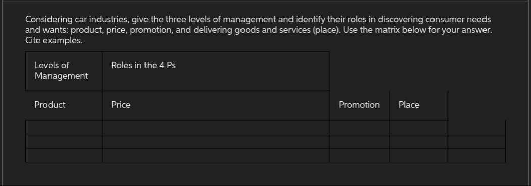 Considering car industries, give the three levels of management and identify their roles in discovering consumer needs
and wants: product, price, promotion, and delivering goods and services (place). Use the matrix below for your answer.
Cite examples.
Levels of
Management
Product
Roles in the 4 Ps
Price
Promotion
Place