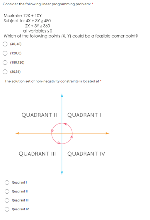 Consider the following linear programming problem: *
Maximize 12X + 10Y
Subject to: 4X + 3Y < 480
2X + 3Y < 360
all variables 20
Which of the following points (X, Y) could be a feasible corner point?
(40, 48)
(120, 0)
(180,120)
(30,36)
The solution set of non-negativity constraints is located at *
QUADRANT II
QUADRANT I
QUADRANT III
QUADRANT IV
Quadrant I
Quadrant II
Quadrant II
Quadrant IV
