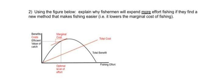 2) Using the figure below: explain why fishermen will expend more effort fishing if they find a
new method that makes fishing easier (i.e. it lowers the marginal cost of fishing).
Benefits
Marginal
Cost
Costs
Total Cost
Efficient
Value of
catch
Total Benefit
Fishing Etffort
Optimal
level of
effort
