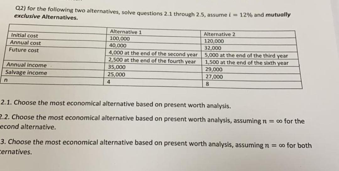 Q2) for the following two alternatives, solve questions 2.1 through 2.5, assume i = 12% and mutually
exclusive Alternatives.
Alternative 1
Alternative 2
Initial cost
Annual cost
100,000
40,000
4,000 at the end of the second year
2,500 at the end of the fourth year
35,000
120,000
32,000
5,000 at the end of the third year
1,500 at the end of the sixth year
29,000
27,000
Future cost
Annual income
Salvage income
25,000
4.
2.1. Choose the most economical alternative based on present worth analysis.
2.2. Choose the most economical alternative based on present worth analysis, assuming n = co for the
econd alternative.
3. Choose the most economical alternative based on present worth analysis, assuming n = 0 for both
ternatives.
