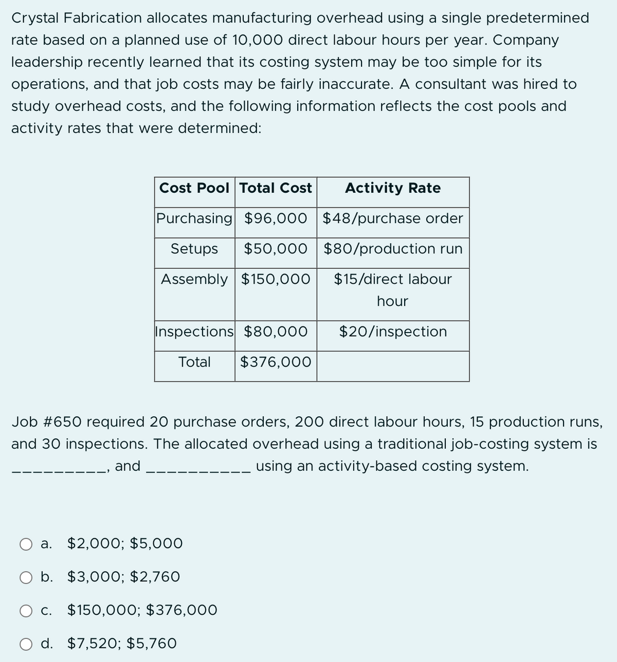 Crystal Fabrication allocates manufacturing overhead using a single predetermined
rate based on a planned use of 10,000 direct labour hours per year. Company
leadership recently learned that its costing system may be too simple for its
operations, and that job costs may be fairly inaccurate. A consultant was hired to
study overhead costs, and the following information reflects the cost pools and
activity rates that were determined:
Cost Pool Total Cost
Purchasing $96,000
Setups $50,000
Assembly $150,000
Inspections $80,000
Total $376,000
Activity Rate
$48/purchase order
$80/production run
$15/direct labour
a.
$2,000; $5,000
O b. $3,000; $2,760
O c. $150,000; $376,000
d. $7,520; $5,760
hour
$20/inspection
Job #650 required 20 purchase orders, 200 direct labour hours, 15 production runs,
and 30 inspections. The allocated overhead using a traditional job-costing system is
using an activity-based costing system.
and